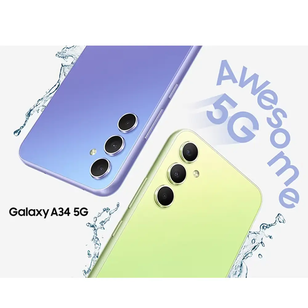 Samsung Galaxy A34 5G 128 GB RAM 8 رنگ زرد و آبی